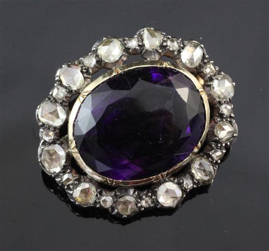 A late Victorian gold and silver amethyst and diamond brooch, 1.25in.
